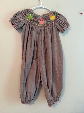 Petite Palace Smocked Owl Gingham Romper